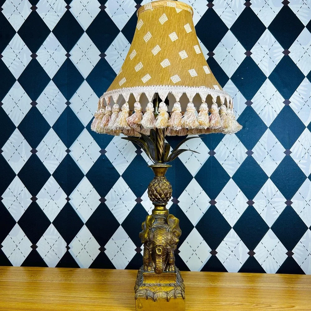 Hollywood Regency Table Lamp Ornate Base, Tasseled Shade Elephant‎ & Pineapple